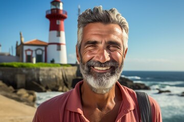 Portrait of a cheerful senior man enjoying a sunny day at the beach, with a picturesque lighthouse in the background
