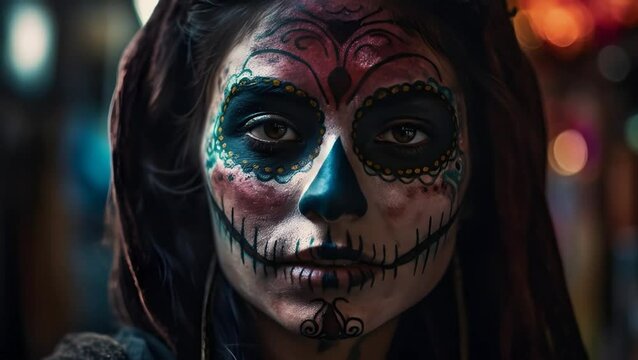 Sugar skull makeup on a womans face with bokeh background