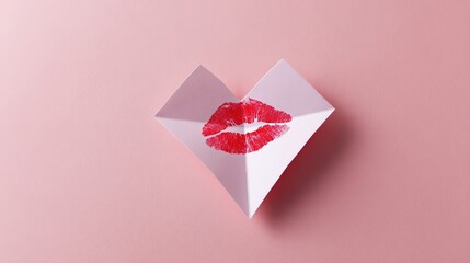 White heart - shaped card with red lip print on pink background, creating romantic sweet beauty and affection expression atmosphere.