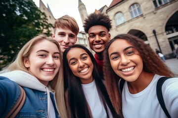 Obraz premium Group of cheerful young students taking a selfie in a european city during their vacation