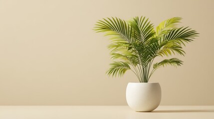 Obraz premium Vibrant green palm tree in a modern white ceramic pot on neutral background with empty copy space, perfect for design mockups or decor concepts.