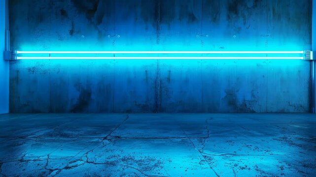 Two parallel neon blue light tubes mounted on a textured concrete wall
