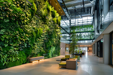 Office interior with green wall and plants