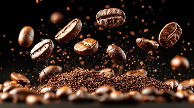 Close - up of flying coffee beans on black background, showcasing coffee vitality and texture
