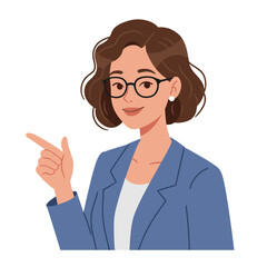 An illustrated businesswoman with glasses and a blue blazer points her finger to the side, offering a gesture of guidance or direction, on a white background.