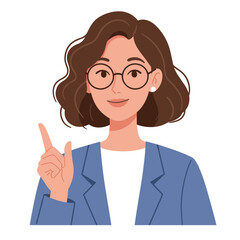 A friendly, young woman with glasses and a blue jacket is pointing upwards, suggesting an idea or highlighting important information in a professional setting.