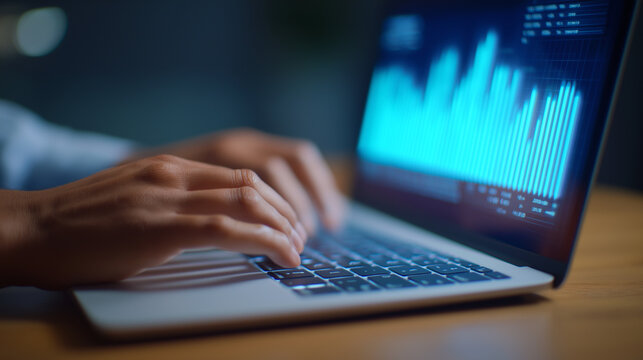 Typing on Laptop with Holographic Analytics Dashboard