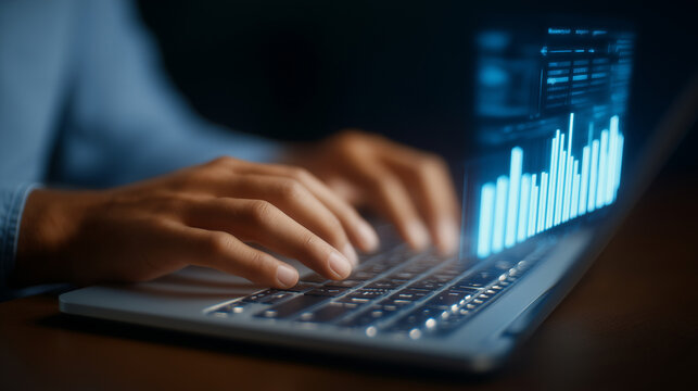 Close-up of hands typing on a sleek laptop with analytics dashboard