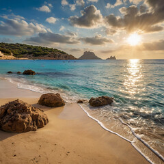 beautiful beach view with bright sun and blue clouds, sunset on the beach