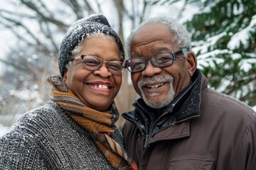 Portrait of a cheerful senior african american couple enjoying a snowy winter day together, showcasing love and companionship in their golden years