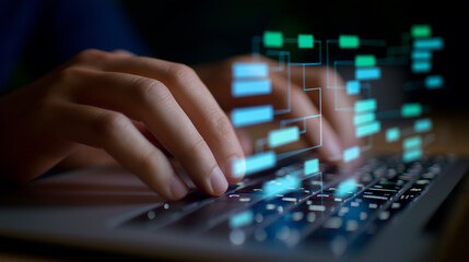 Close-up of Hands Typing on Keyboard with Flowchart UI