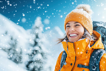 Joyful woman wearing bright orange winter jacket and knitted hat smiles amidst falling snowflakes in snowy landscape. scene captures essence of winter adventure and happiness
