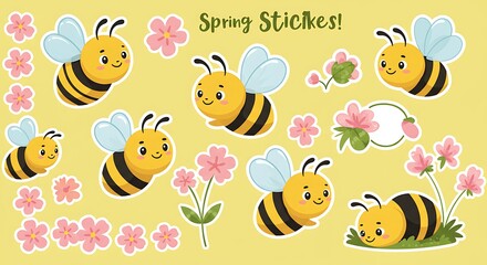 Fototapeta premium Buzzing Spring: Adorable Bee Stickers