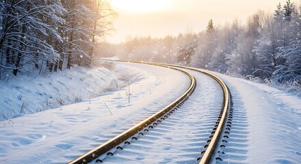 Curving train tracks disappear into a serene winter forest at sunrise