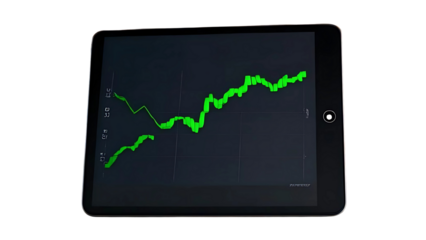 Digital Tablet Displaying Green Financial Graph - Business and Technology - Market Analysis and Data Visualization Isolated transparent background 