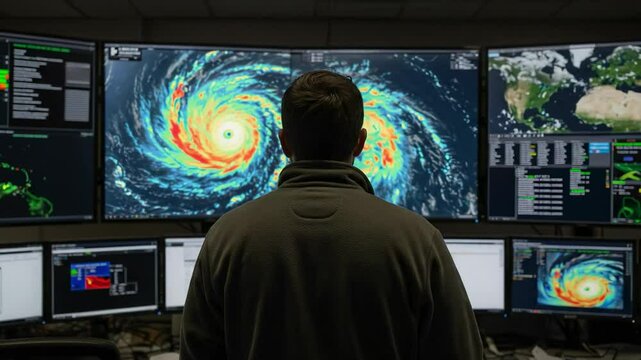 Male weather forecaster in a dark control room monitoring a hurricane on a wall of screens. Storm tracking and data analysis for disaster prediction.