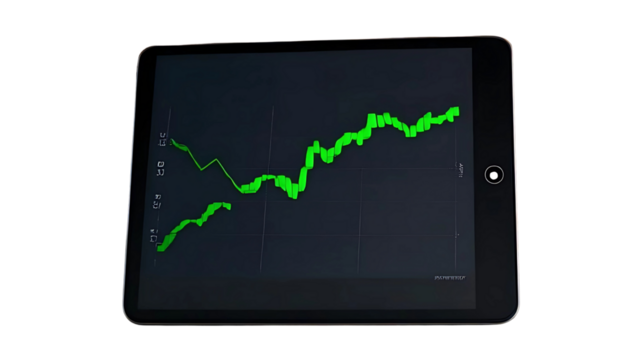 Digital Tablet Displaying Green Financial Graph - Business and Technology - Market Analysis and Data Visualization Isolated transparent background 