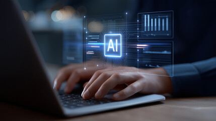 Hands Typing on Laptop with AI and Digital Circuit Background
