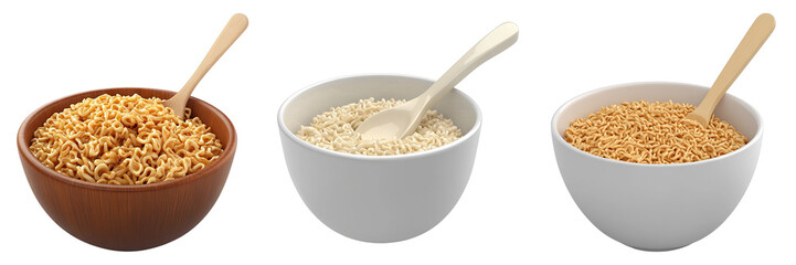 Set of bowl of instant noodles with spoon isolated on transparent background