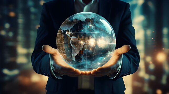 A businessman holds a digital earth globe in his hands, showcasing global connectivity and a modern, futuristic business approach.