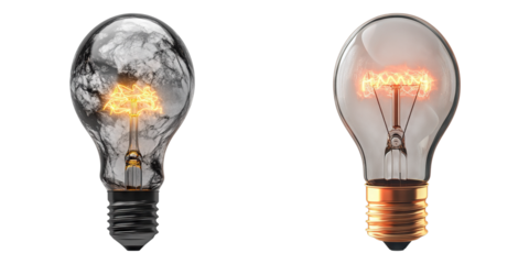 Set of brain inside a light bulb glowing isolated on transparent background