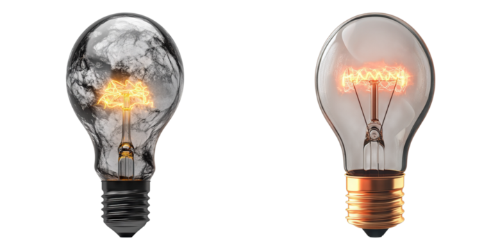 Set of brain inside a light bulb glowing isolated on transparent background
