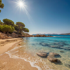 beautiful beach view with bright sun and blue clouds, sunset on the beach