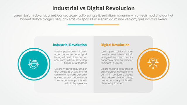 industrial vs digital revolution comparison opposite infographic concept for slide presentation with big box table and circle badge on side with flat style