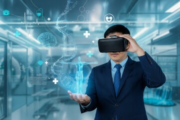Asian Doctor Exploring Medical Advancements with VR Headset, Visualizing Human Anatomy and Data in a Modern Hospital, Future Healthcare Technology Integration.