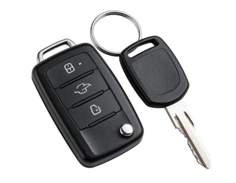 Modern Car Key Fob with Metal Key Attached to Minimalist Keyring, Side Angle, Transparent PNG.