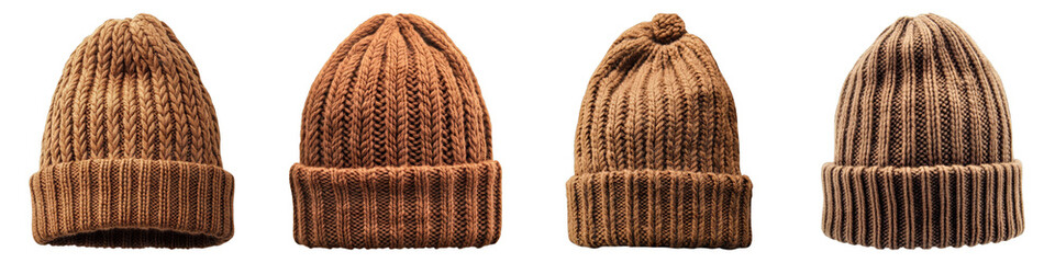 Set of brown knitted hat isolated on transparent background
