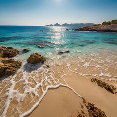 beautiful beach view with bright sun and blue clouds, sunset on the beach