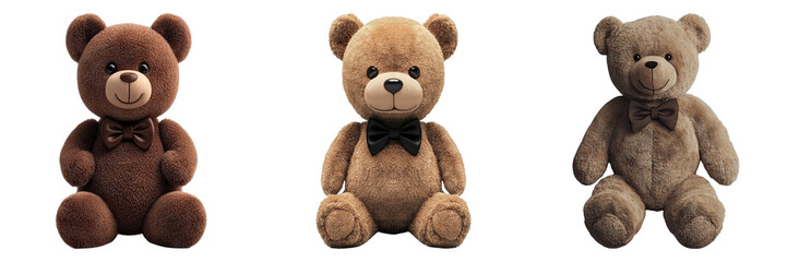 Set of brown teddy bear with bow tie isolated on transparent background