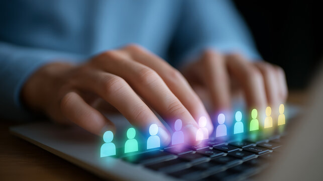 Hands on Laptop with Holographic User Group Interface - Powered by Adobe