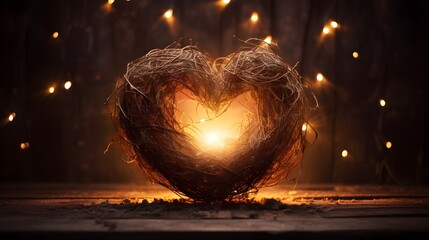A rustic heart made of twigs glows warmly with festive lights, a symbol of love and holiday cheer...