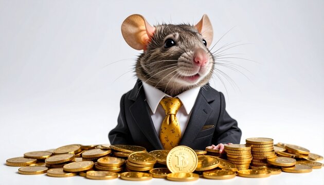 Anthropomorphic rat in a business suit stands atop a pile of golden coins—symbolizing cunning ambition, ironic success, and capitalist satire. - Powered by Adobe