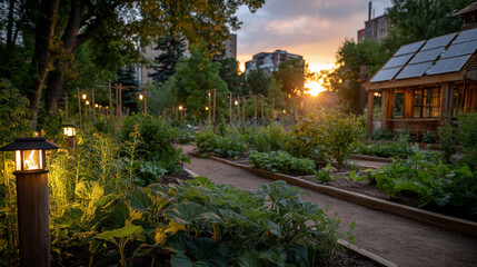 Fototapeta premium Urban Garden Oasis at Sunset: Serene view of an urban garden at dusk, showcasing rows of flourishing plants and pathways, framed by the setting sun.