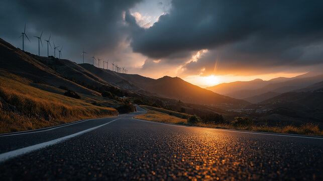 Road to Renewable Energy: An inspiring image of a highway leading towards a wind farm, symbolizing a journey into a sustainable future. The scene is dominated by a beautiful sunset.