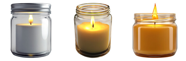 Set of candle in glass jar with burning flame light isolated on transparent background