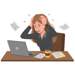Overwhelmed businesswoman cries at her desk, stressed by workload and deadlines, with papers flying around her.