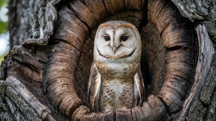Beautiful barn owl peeking out from its tree hollow nest