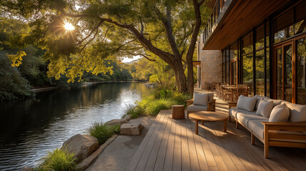 Obraz premium Serene Riverside Oasis: A tranquil scene unfolds as the sun casts a warm embrace on a modern riverside retreat, showcasing wooden decking, inviting furnishings, and the gentle flow of the water.