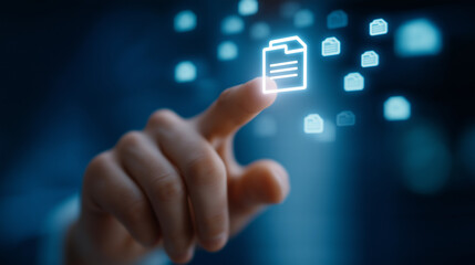 Close-up of a finger tapping a holographic document in a digital setting