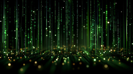 Digital Rain: Abstract representation of data streams in vibrant greens and golds, evoking a sense of technological sophistication and the flow of information.