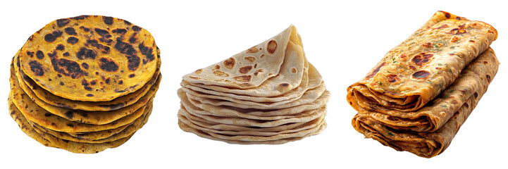 Set of chapati tortillas isolated on transparent background
