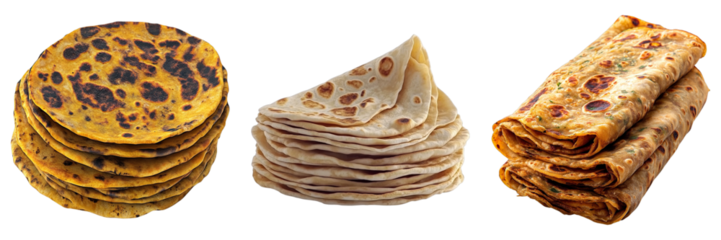Set of chapati tortillas isolated on transparent background