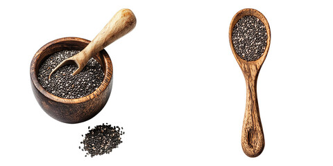 Set of chia seeds on spoon isolated on transparent background