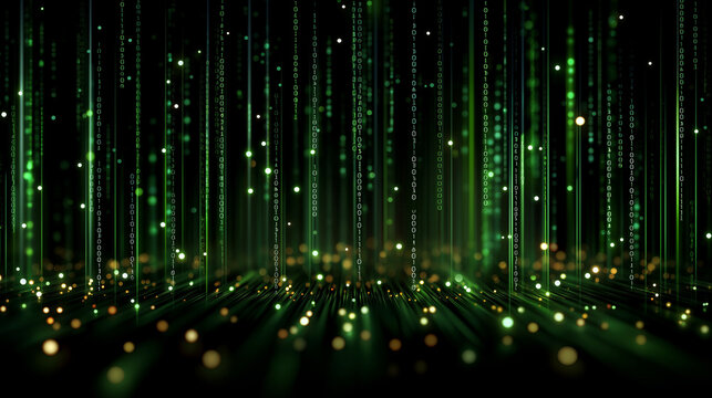 Digital Rain: Abstract representation of data streams in vibrant greens and golds, evoking a sense of technological sophistication and the flow of information.