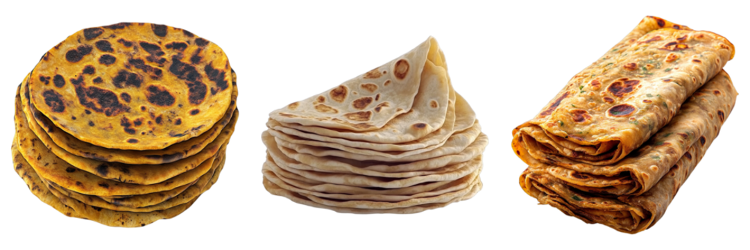 Set of chapati tortillas isolated on transparent background