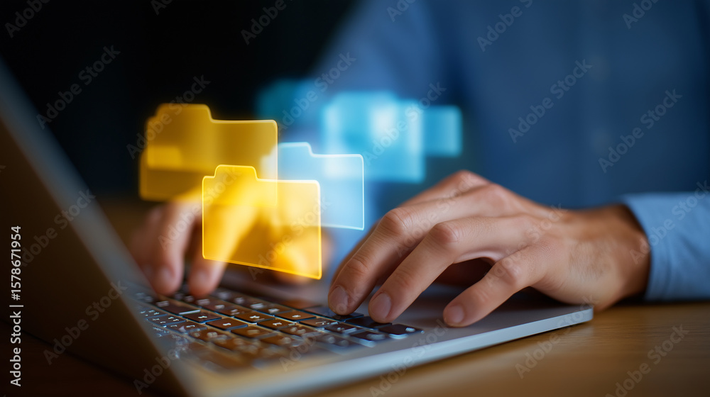 Poster close-up of hands typing on a laptop with floating folder nodes